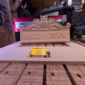 Owl CNC file carving – House of Wisdom sign test cut on CNC machine bed