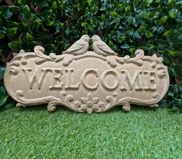 Welcome Sign with Doves CNC carved plaque displayed
